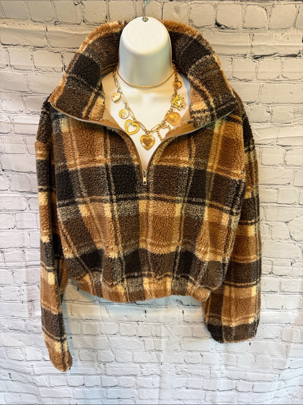 Zaful Plaid Sherpa Half-Zip Jacket - Brown/Black/Cream